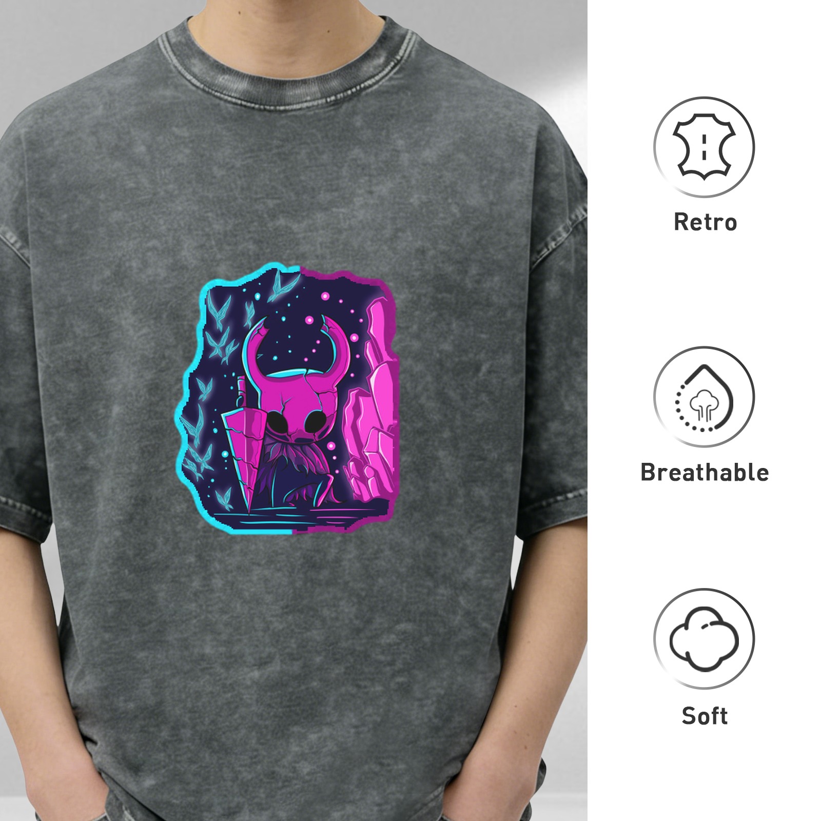 Hollow Knight neon style print distressed washed black loose short-sleeved T-shirt