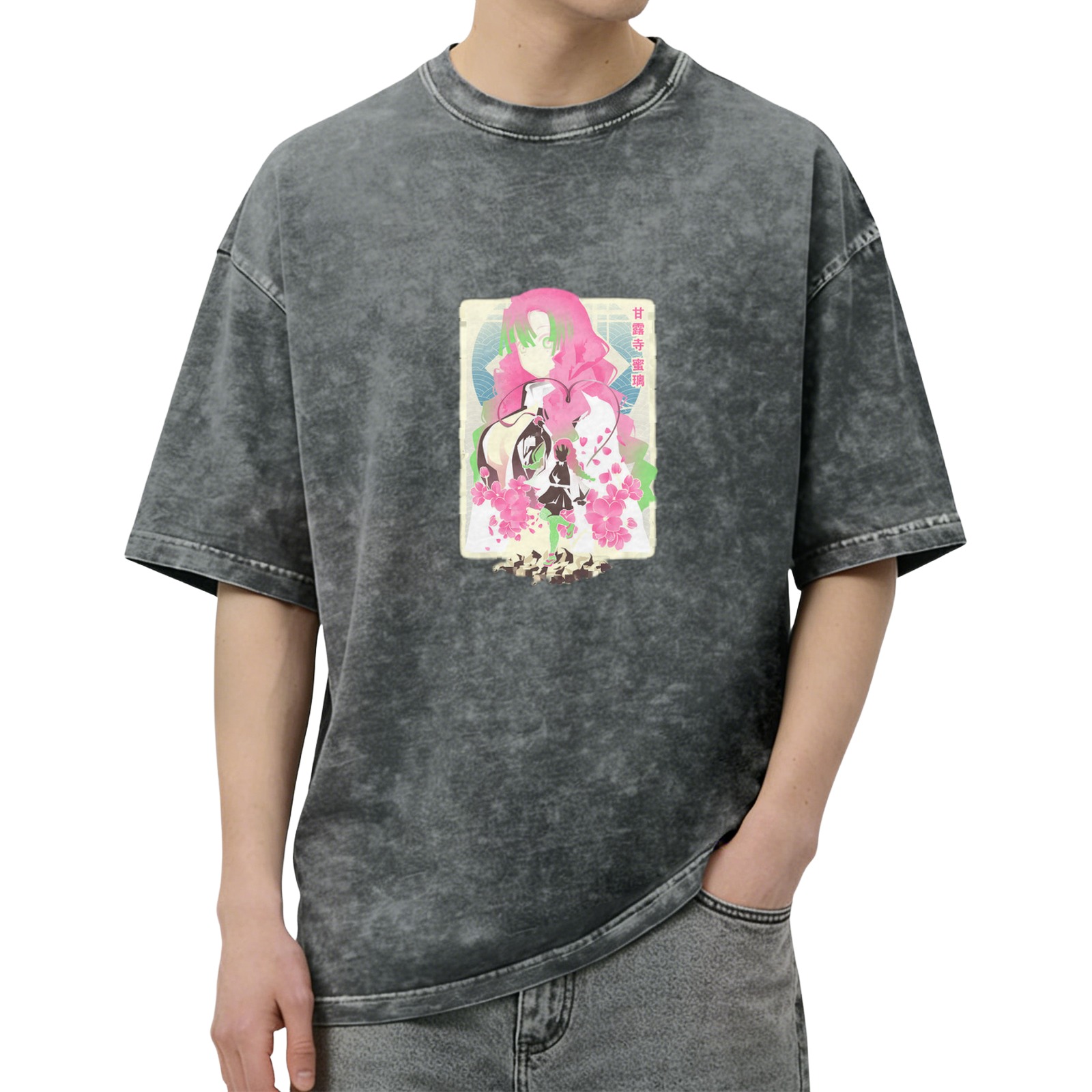 Oversized Black Acid Wash T-Shirt with Anime Character Graphic