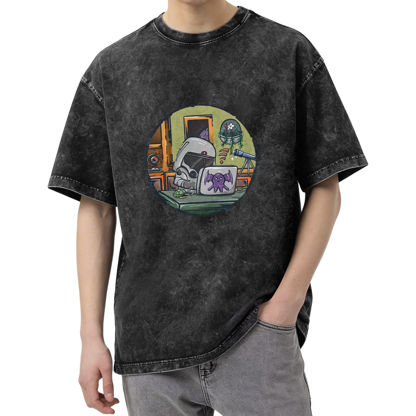 Astronaut Helmet at Desk with Laptop and Telescope Graphic T-Shirt