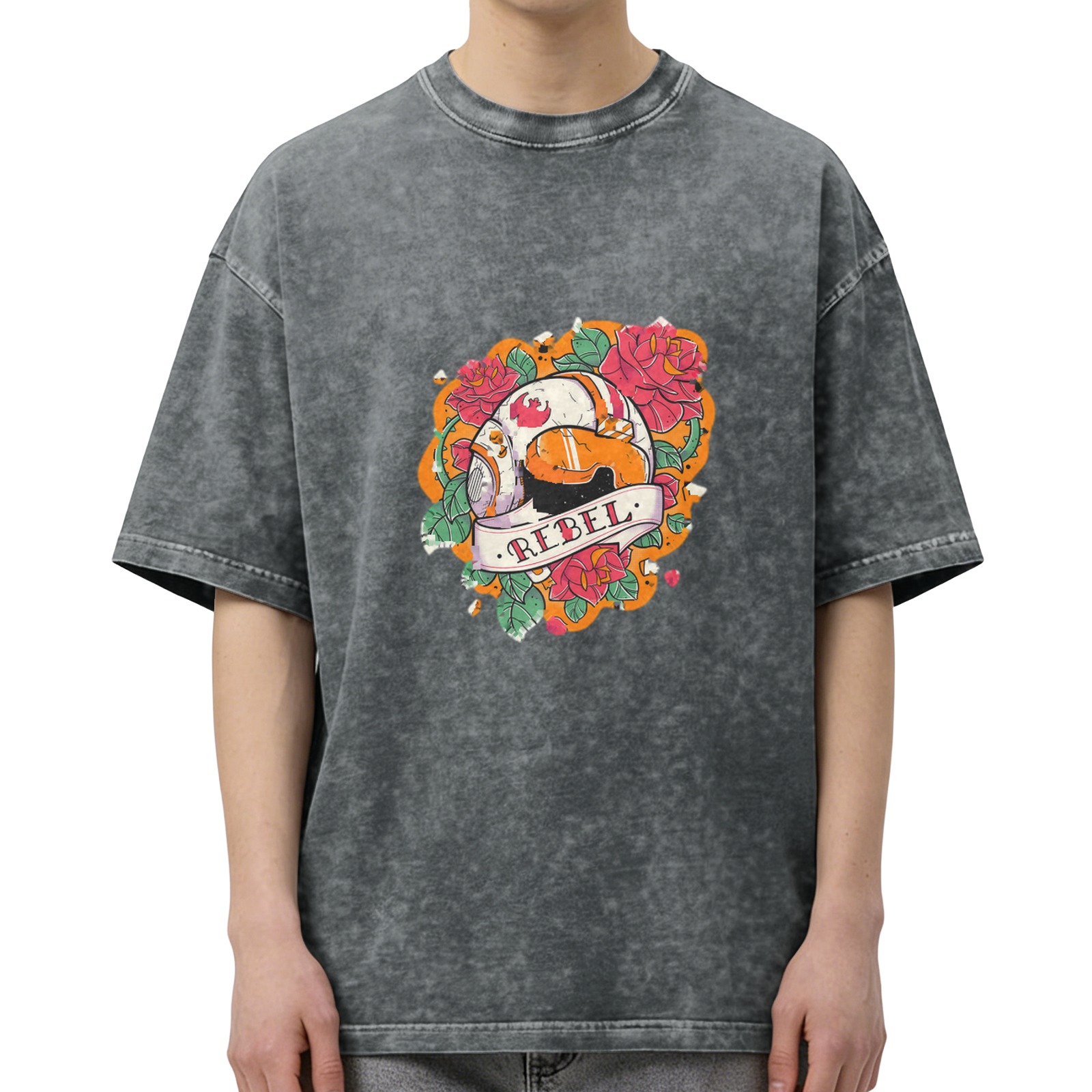 Washed Black Rebel Droid Rose Graphic T-Shirt