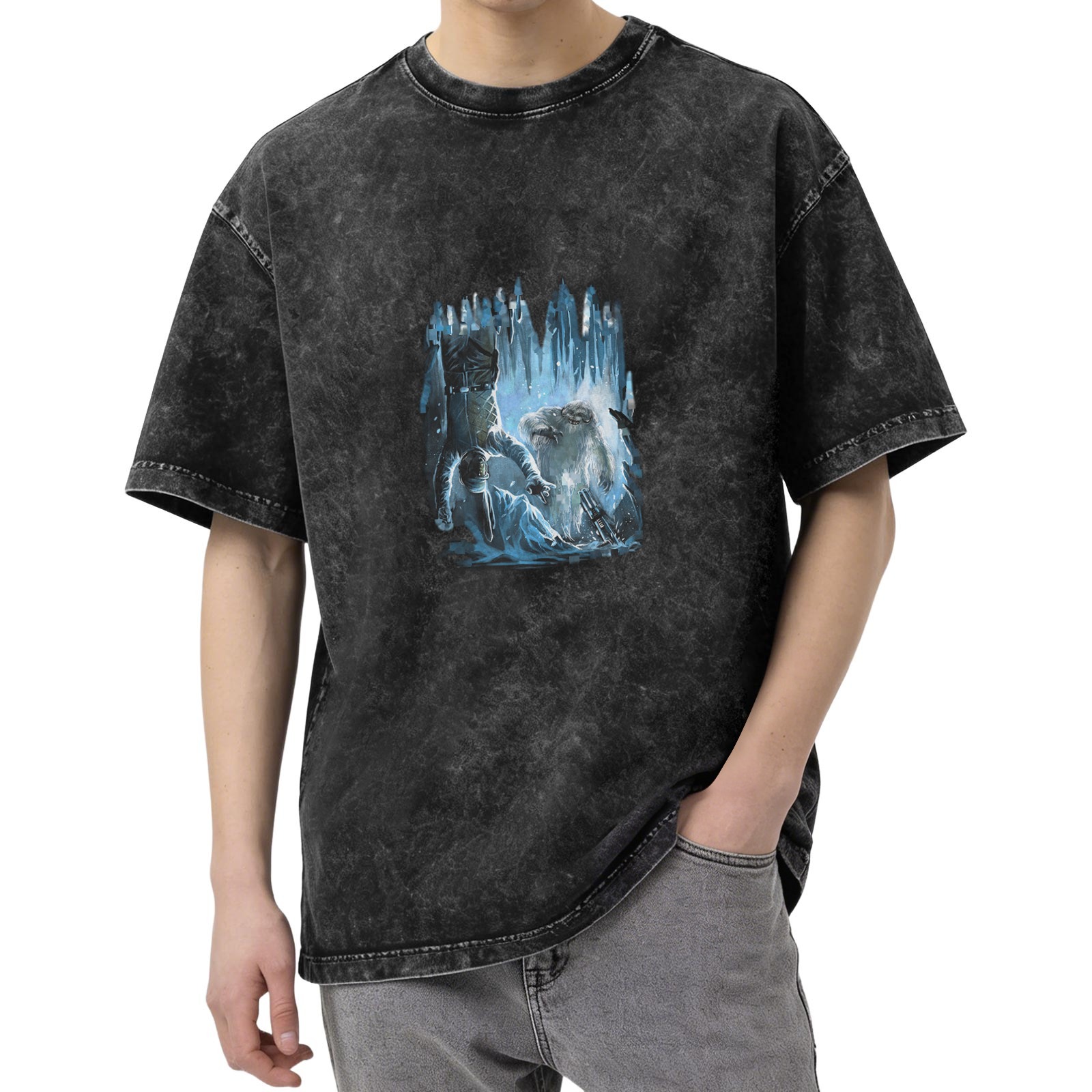 Oversized Acid Wash T-Shirt With Ice Fantasy Graphic Print