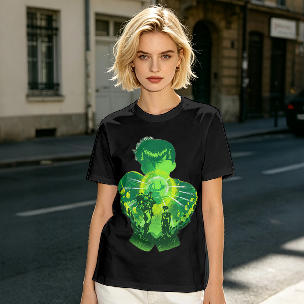 Anime Character Silhouette Glowing Green Graphic T-Shirt