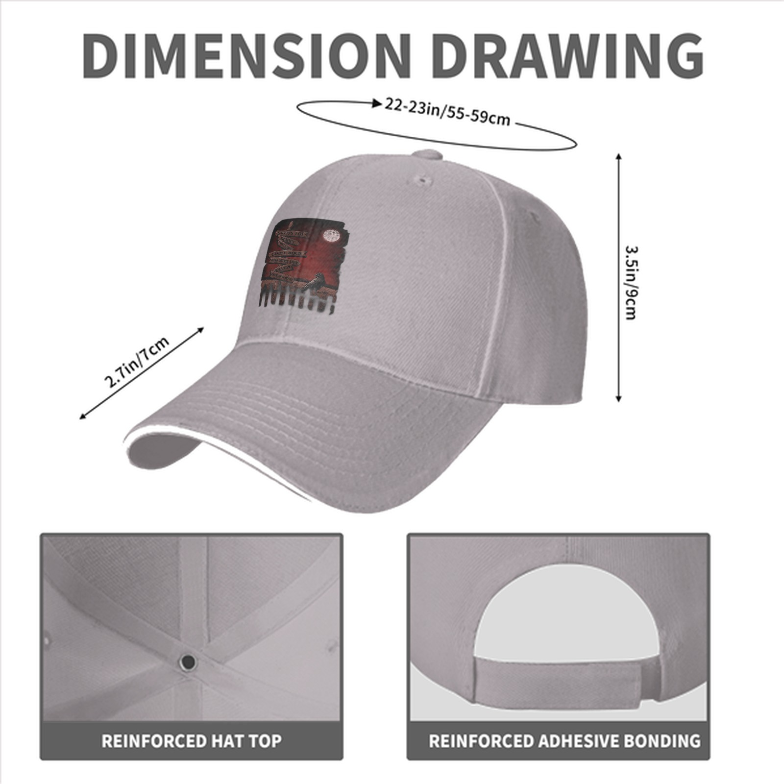 Black baseball cap with spooky graveyard signpost crow print