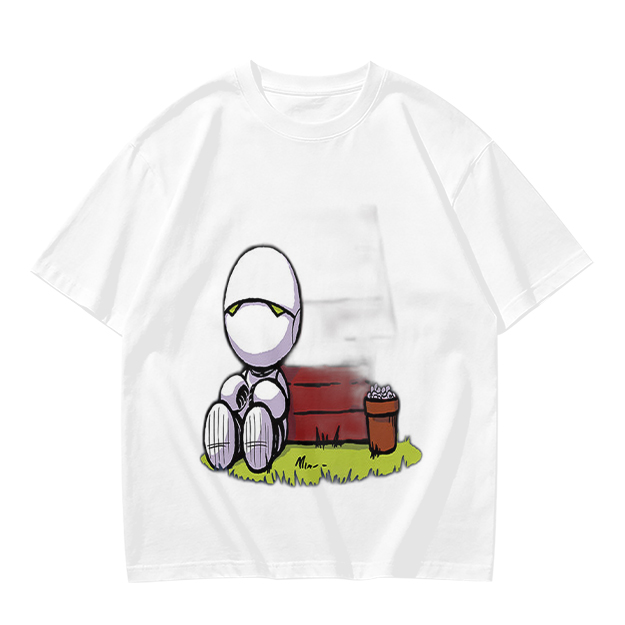 Olive T-Shirt With Sad Sitting Robot Graphic Print