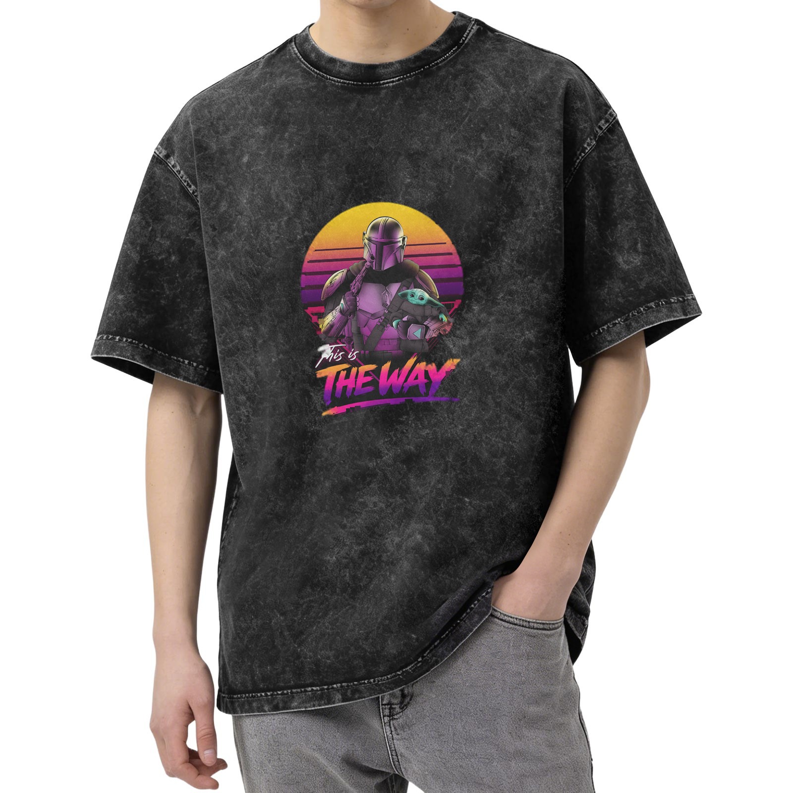 Washed Cotton T-Shirt with Mandalorian This Is The Way Synthwave Print