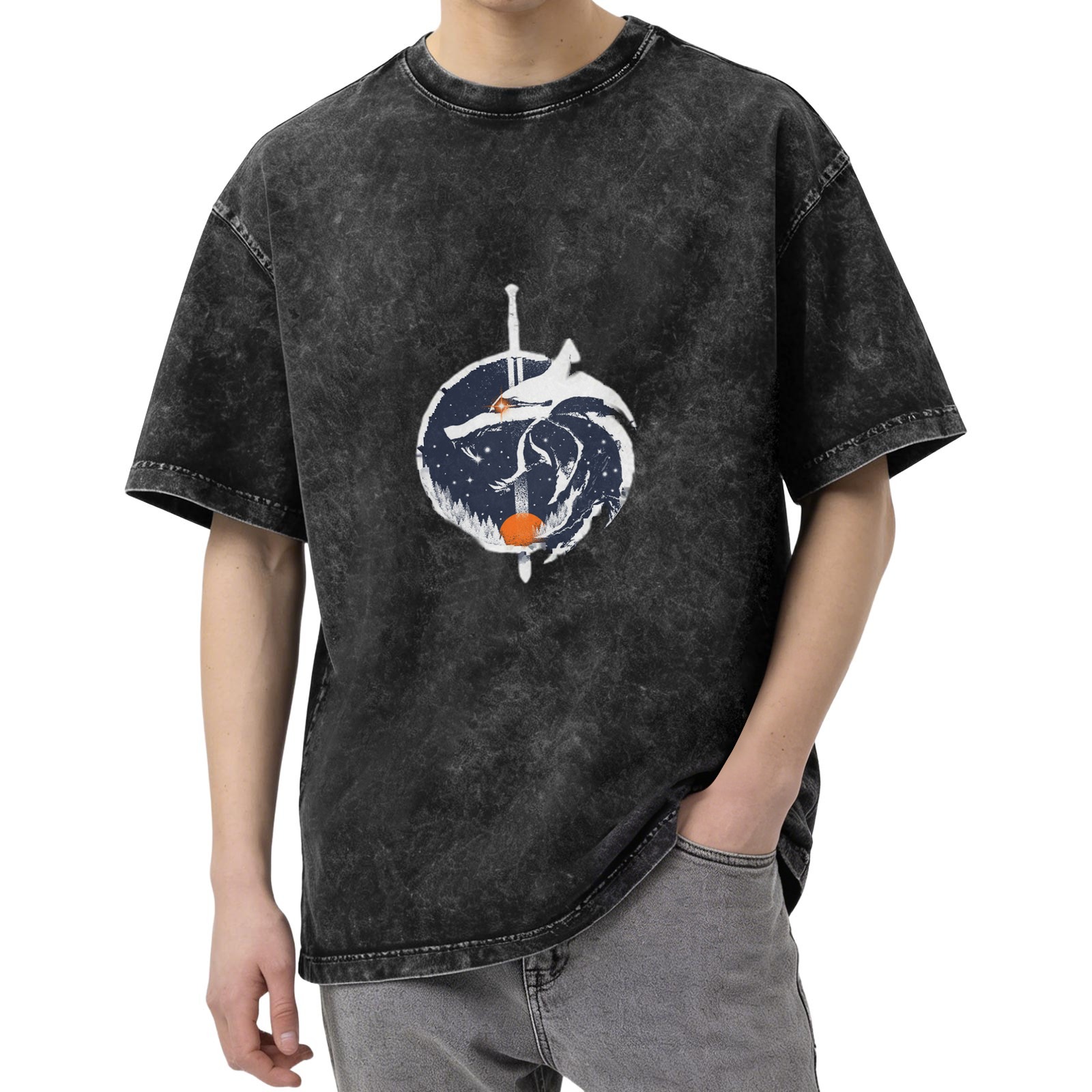 Distressed washed black round neck short-sleeved T-shirt Wizard themed wolf and sword printed loose top