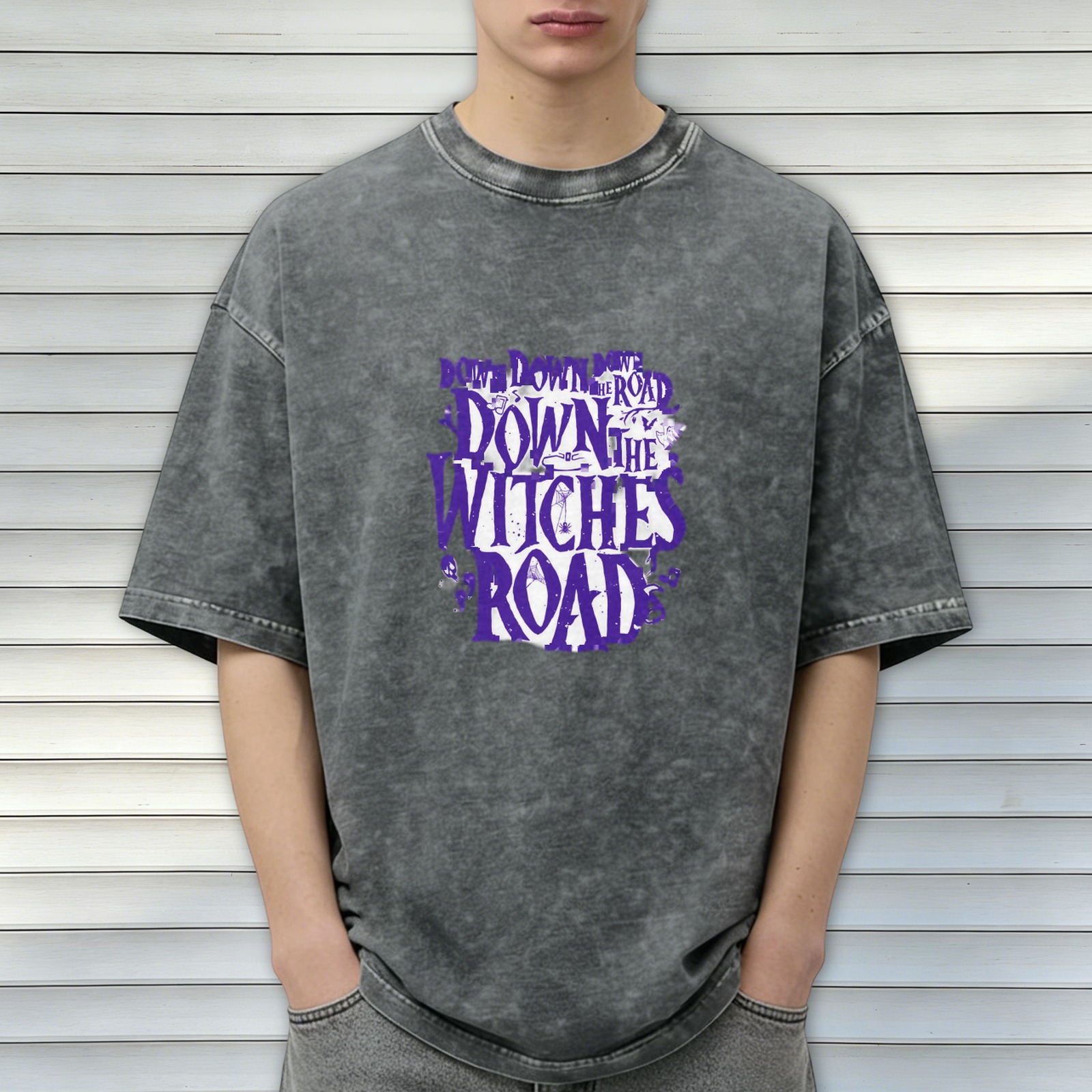 Washed Black Graphic T-Shirt with Down The Witches Road Text
