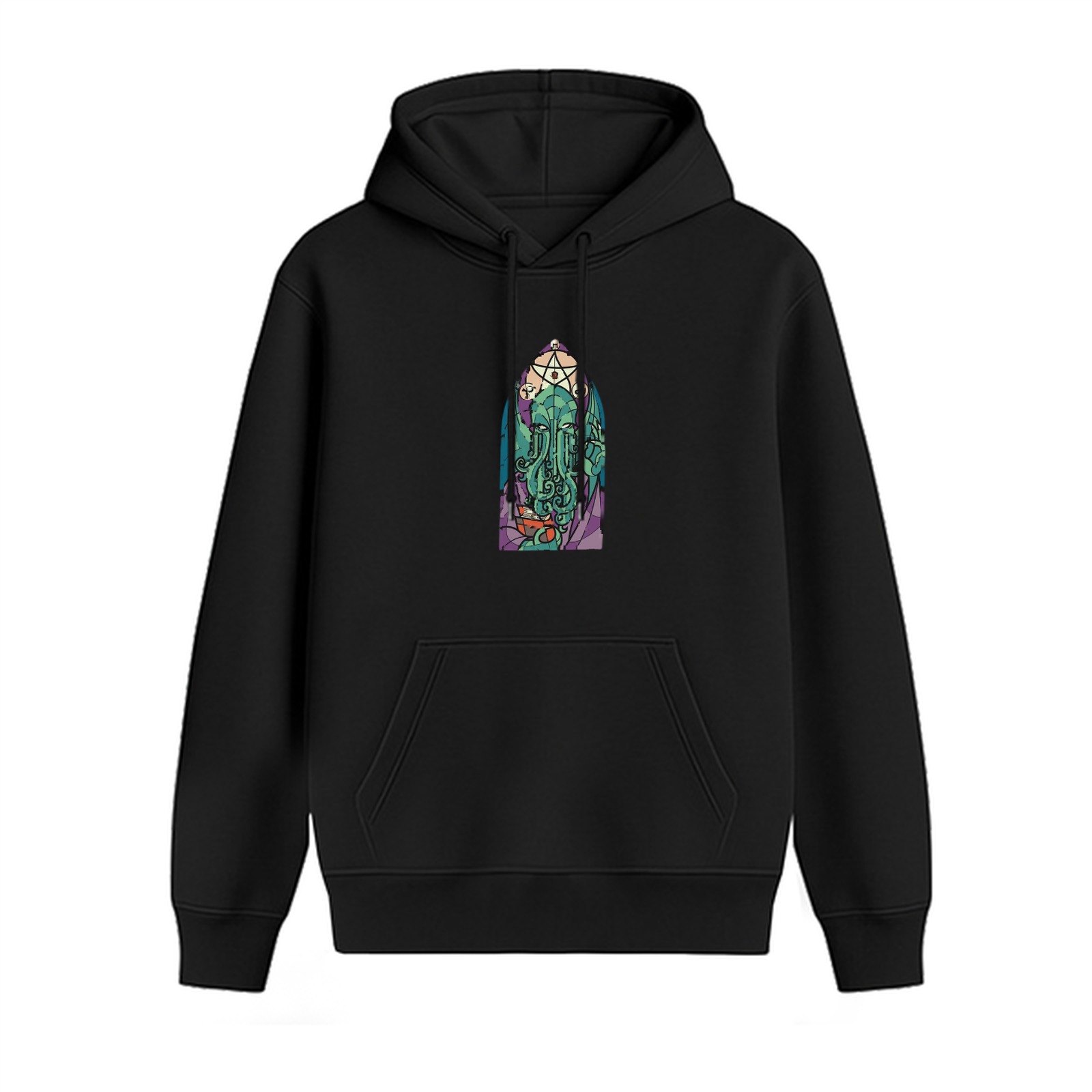 Black hoodie with Cthulhu stained glass window print
