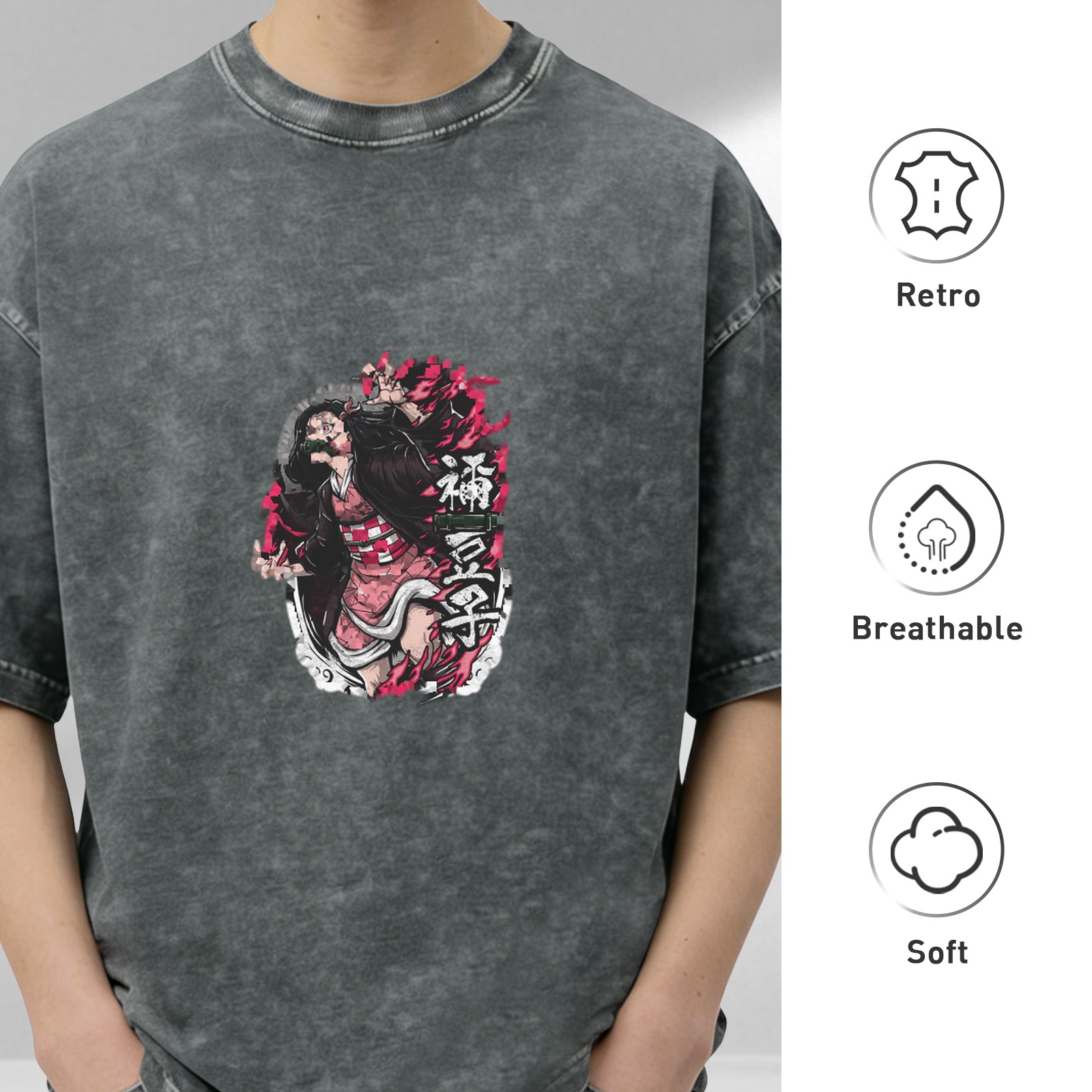 Oversized Acid Wash Anime Demon Slayer Nezuko Graphic T-Shirt