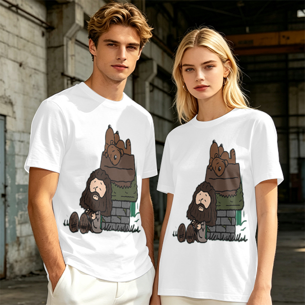 Olive T-Shirt With Cartoon Bearded Man And Doghouse Print