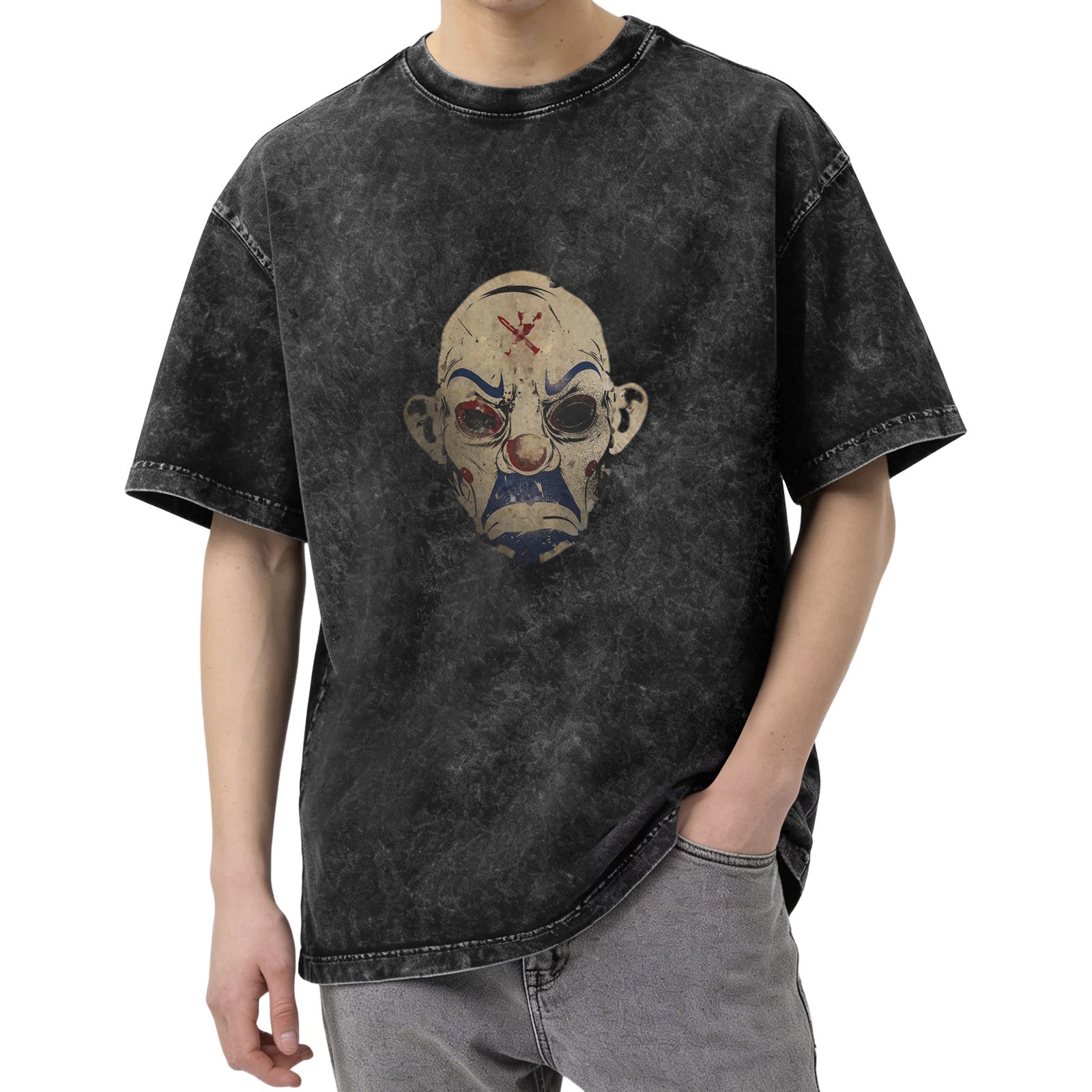 Distressed washed black loose short-sleeved T-shirt Scary clown mask printed trendy top
