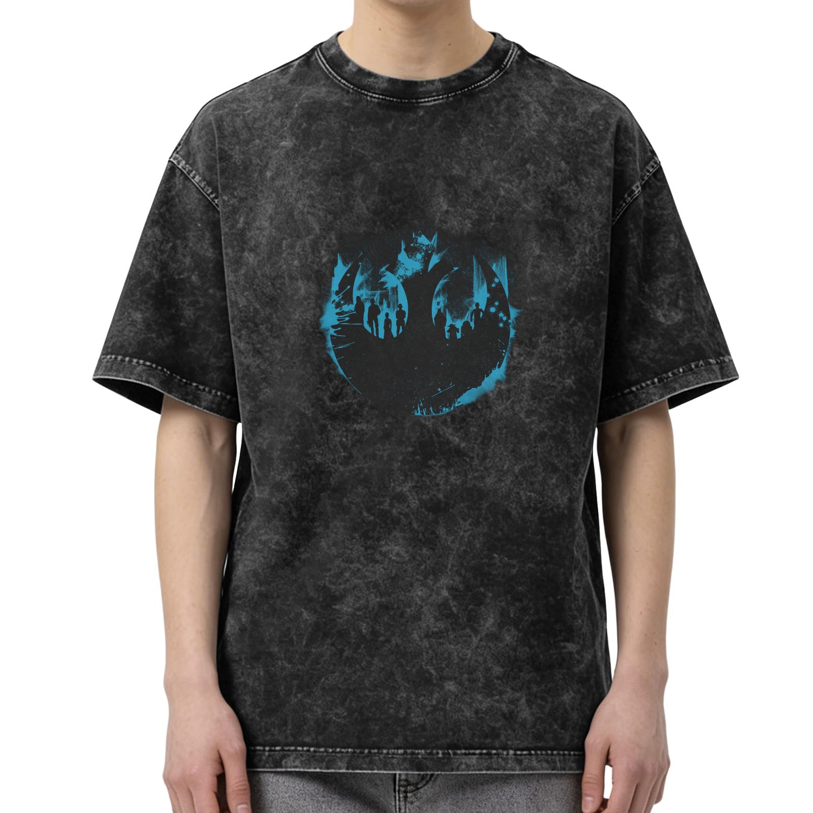 Washed Black Oversized T-Shirt With Blue Graphic Print
