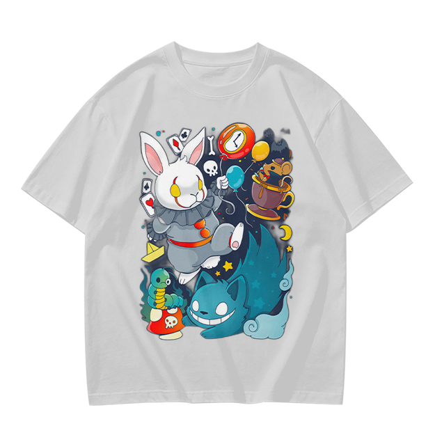 Alice in Wonderland Themed Graphic T-Shirt with Whimsical Characters