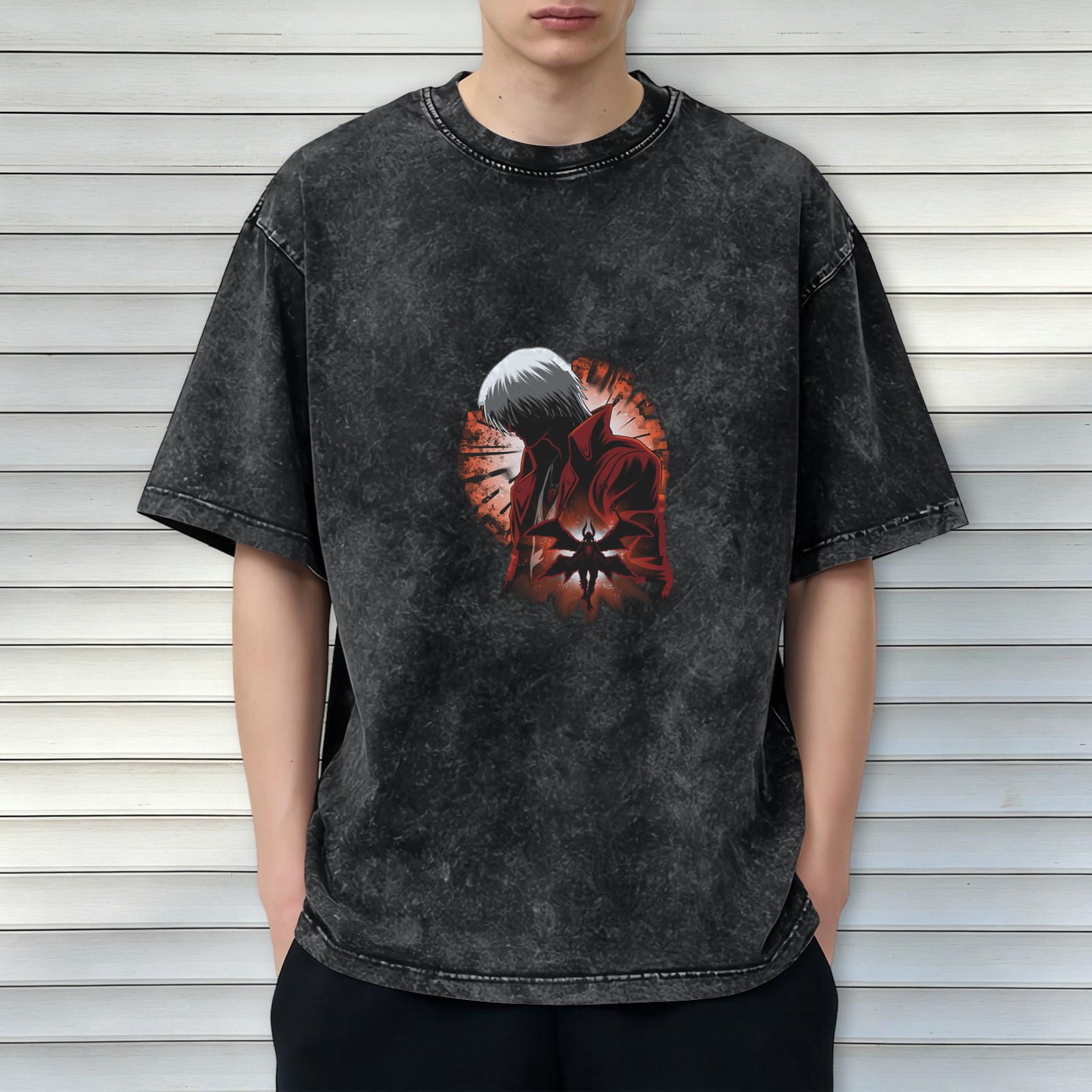 Washed Black Graphic T-Shirt with Anime Demon Character Print