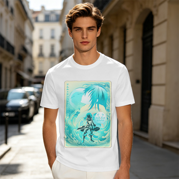 Anime character water design graphic dark green t-shirt