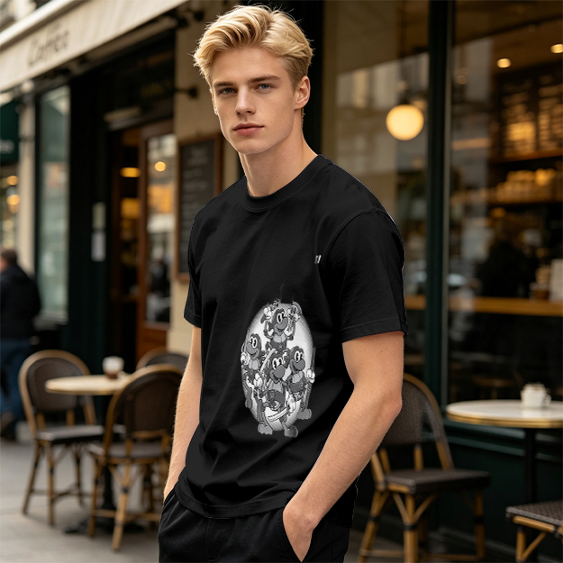 Olive green graphic t-shirt with cartoon monkey crew print