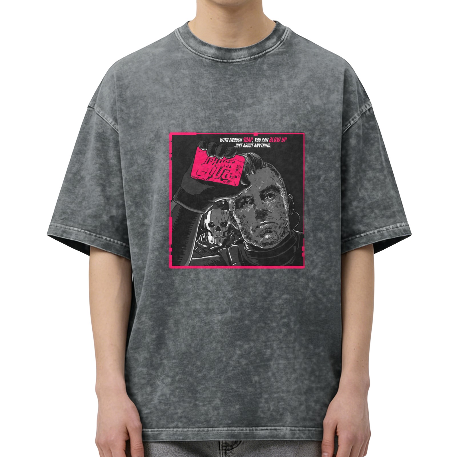 Washed black graphic t-shirt with cyberpunk-style man and skull print