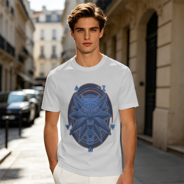 Olive T-Shirt With Witcher Wolf Medallion Graphic Print