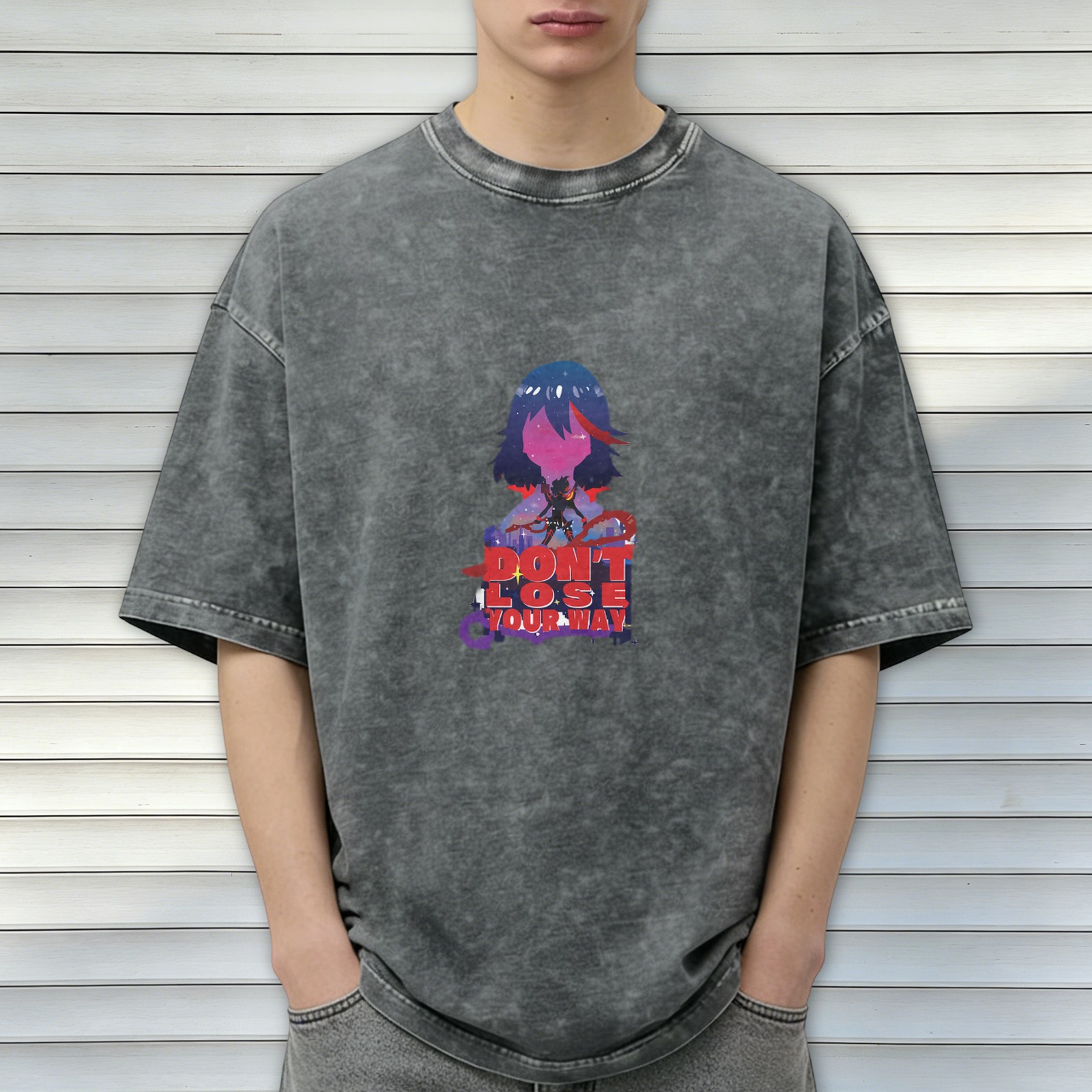 Washed black anime graphic t-shirt with don't lose your way text