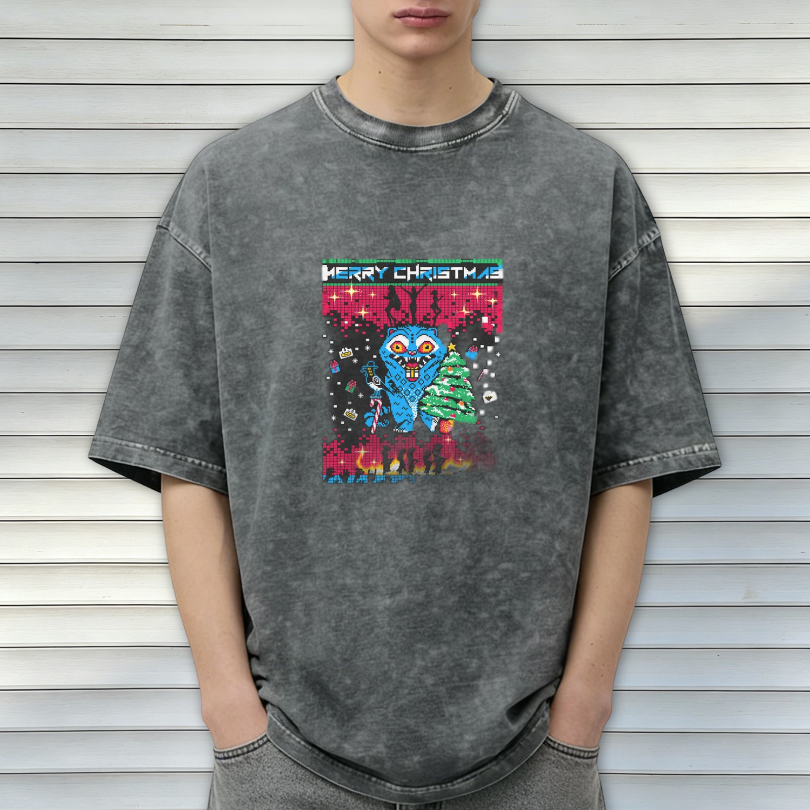 Oversized Acid Wash T-Shirt With Pixel Art Christmas Monster Print