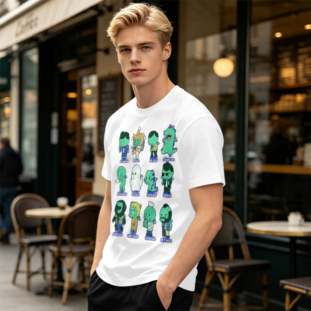 Olive Green T-Shirt With Cute Green Alien Character Print