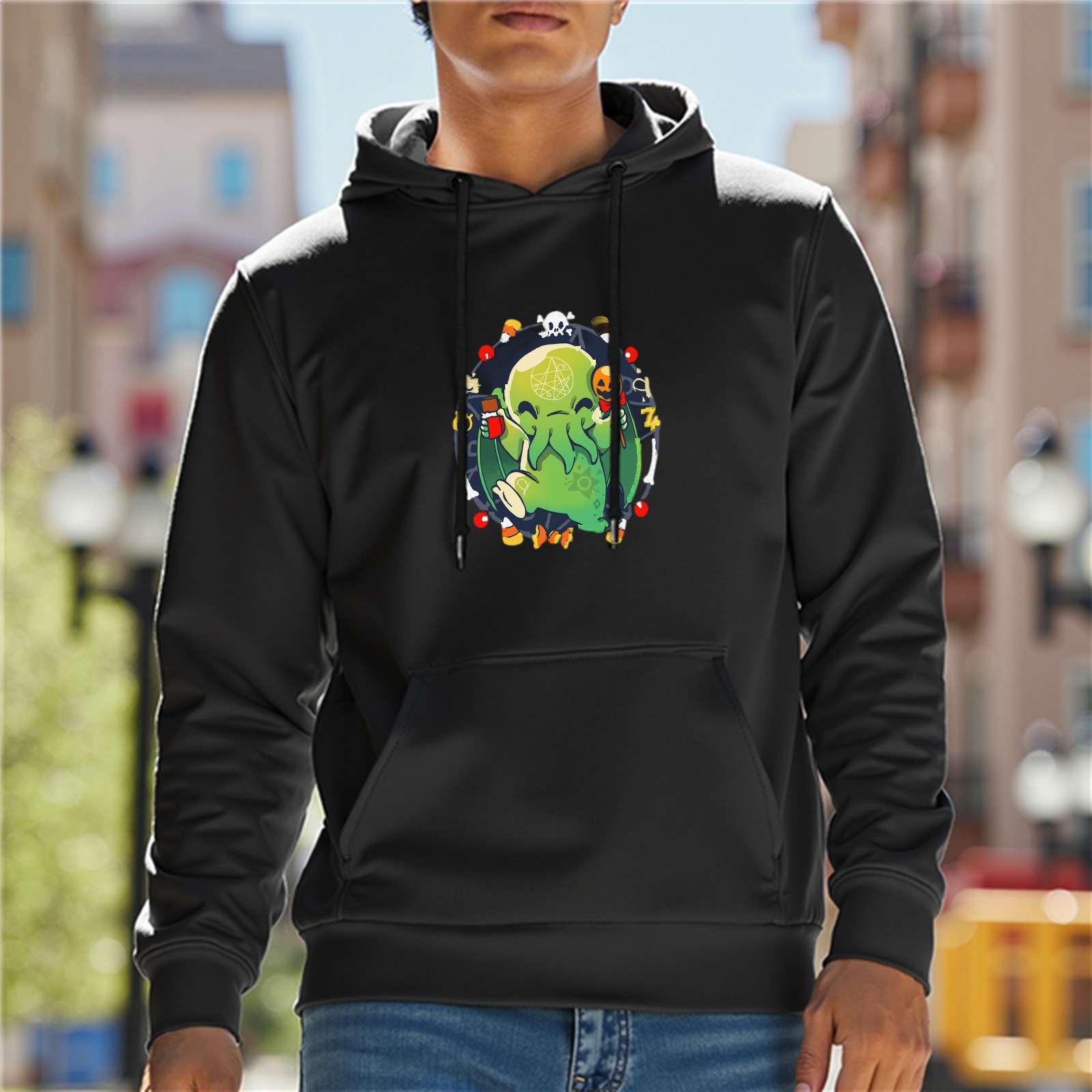 Black Hoodie With Cute Cthulhu Halloween Themed Graphic