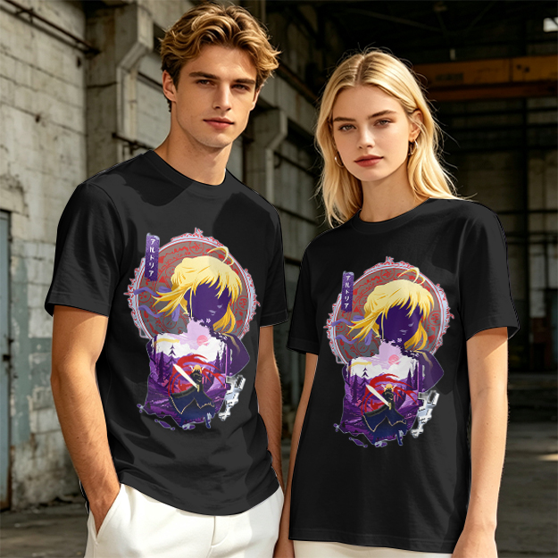 Olive green anime graphic t-shirt with Saber character print