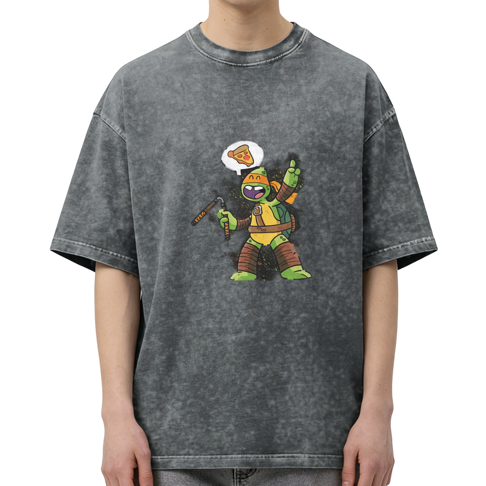 Washed Black T-Shirt With Michelangelo Ninja Turtle Pizza Print