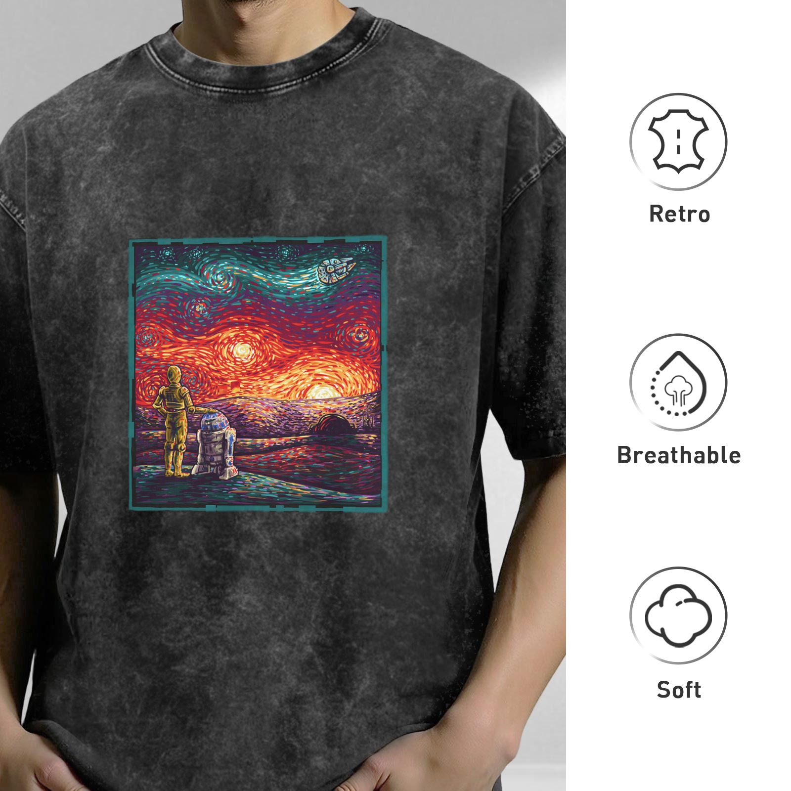 Star Wars Van Gogh Style Droid Graphic Vintage Wash T-Shirt