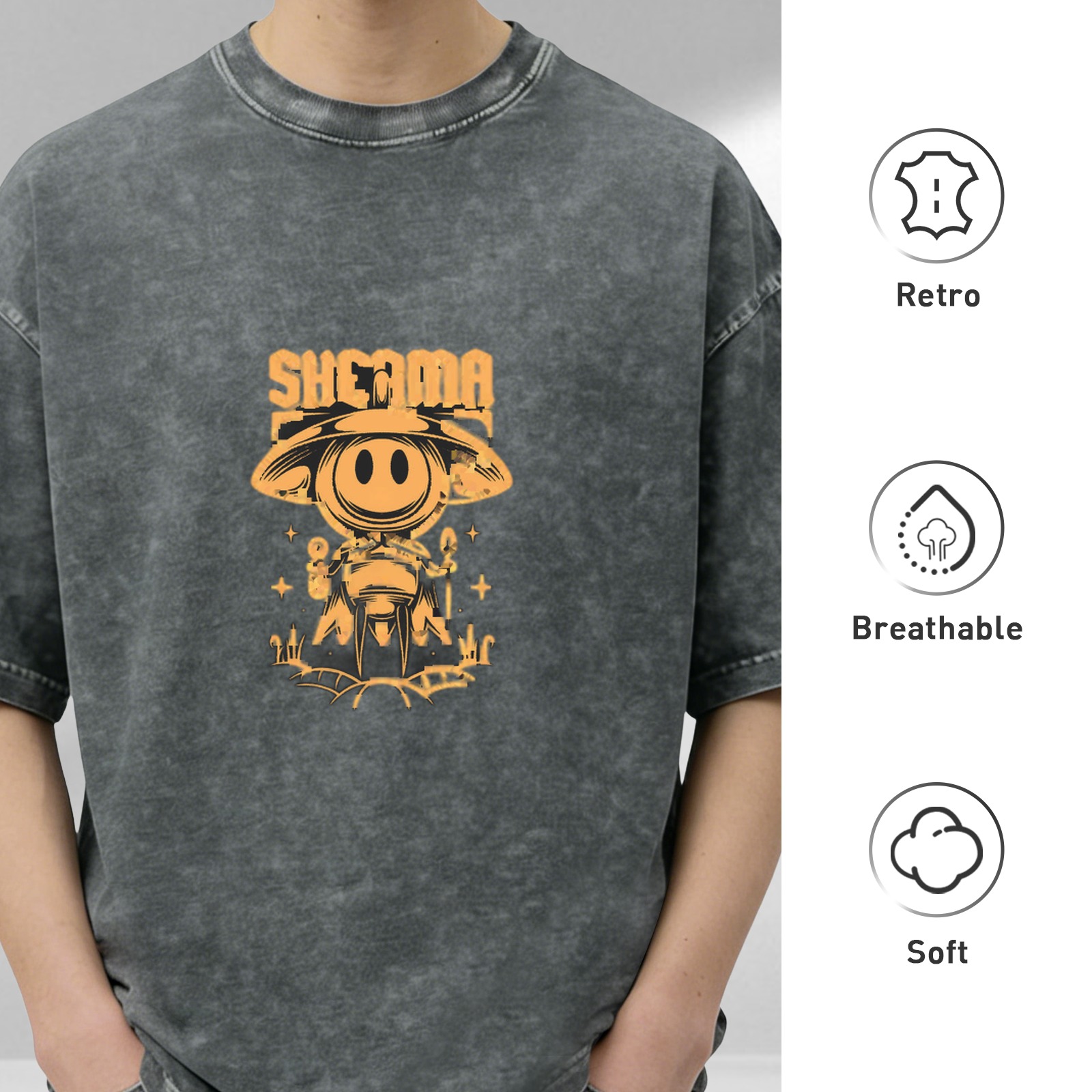 Oversized Acid Wash T-Shirt with UFO Alien Graphic Print
