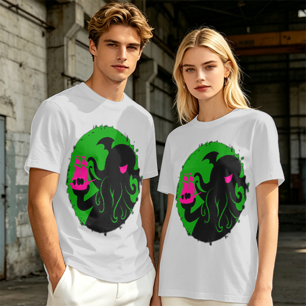 Olive T-Shirt With Cthulhu Holding Pink Ship Graphic Print