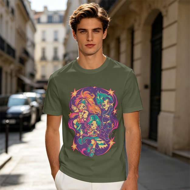 Olive T-Shirt With Vibrant Anime Chibi Characters Graphic Print