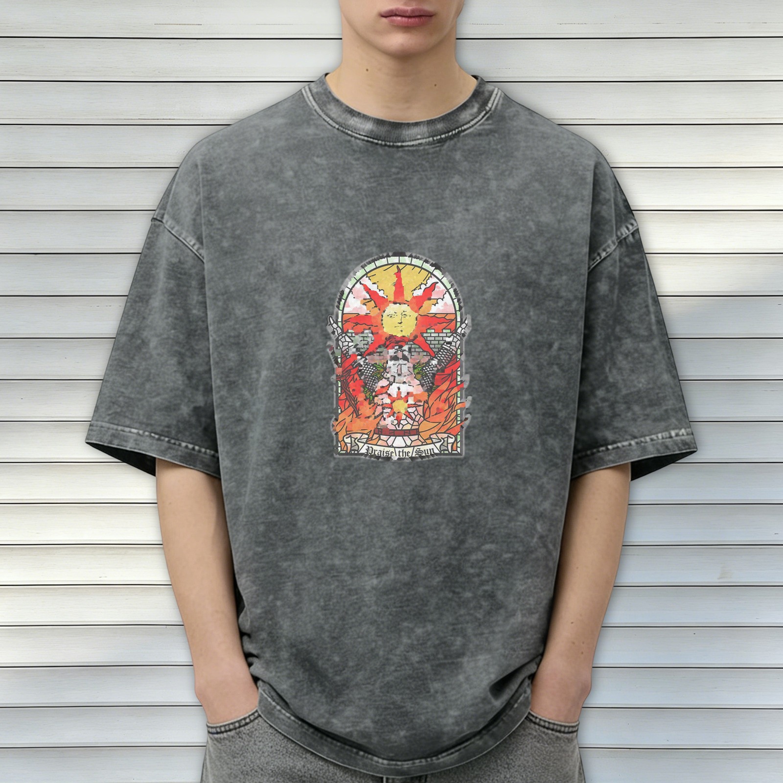 Dark Wash Oversized T-Shirt with 'Praise the Sun' Stained Glass Style Graphic