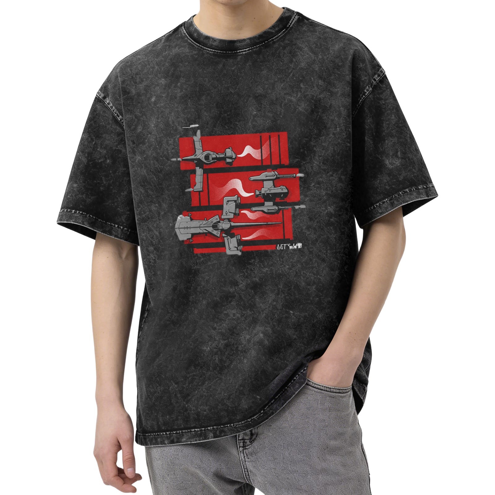 Distressed black loose short-sleeved T-shirt with sci-fi spaceship print design
