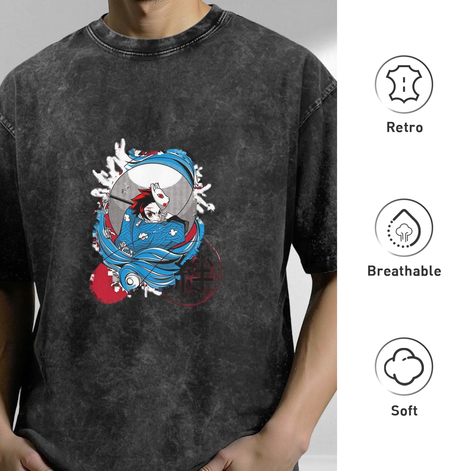 Oversized Washed Black Anime Graphic T-Shirt featuring Demon Slayer Tanjiro Kamado with Warding Mask Design