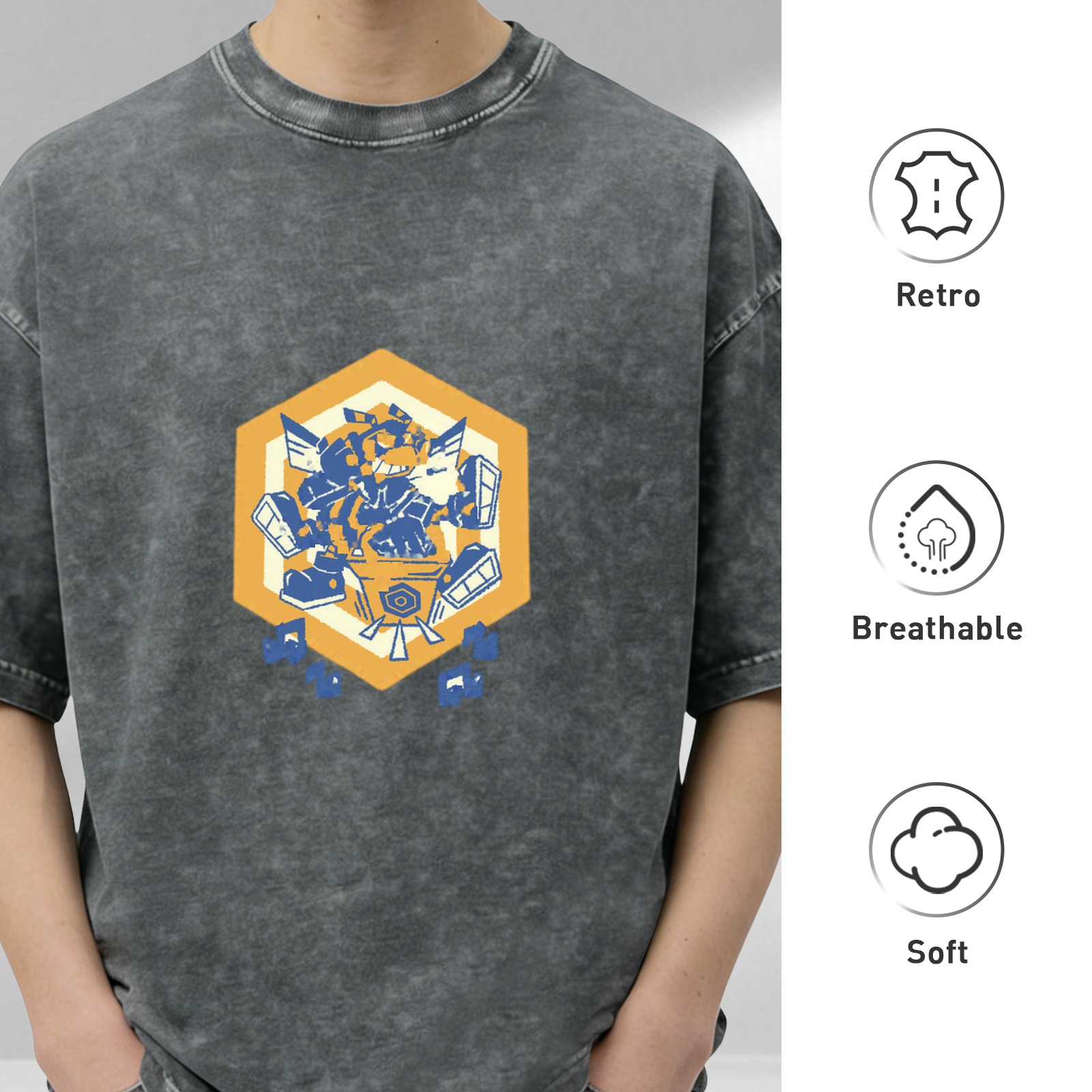 Oversized Acid Wash T-Shirt With Hexagon Robot Graphic Print