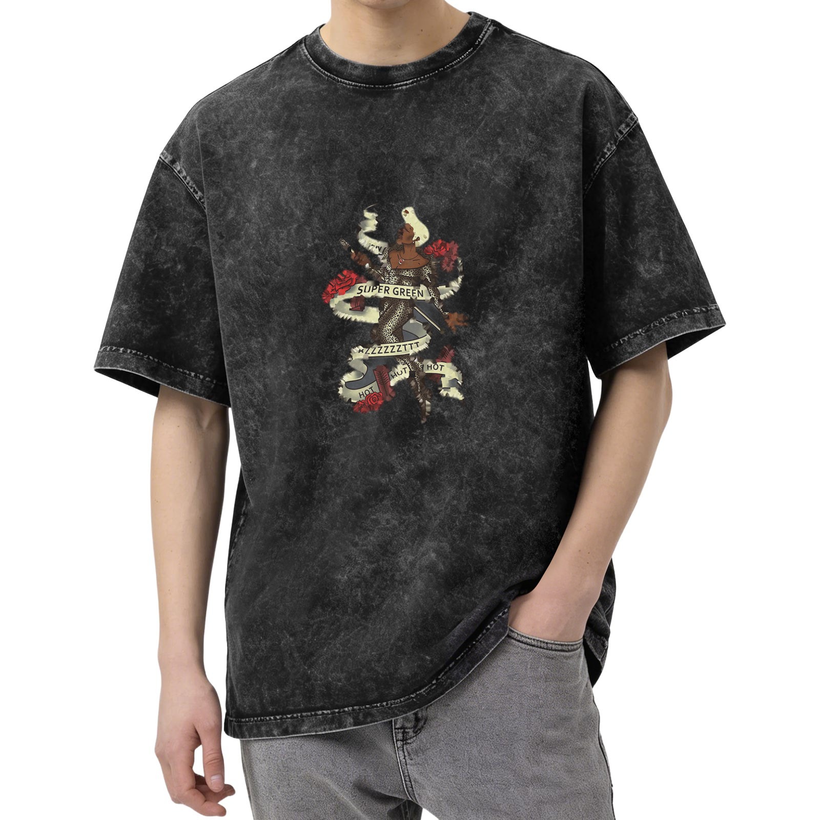 Oversized Black Acid Wash T-Shirt With Vintage Tattoo Style Graphic