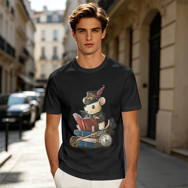 Steampunk mouse reading book graphic olive green t-shirt