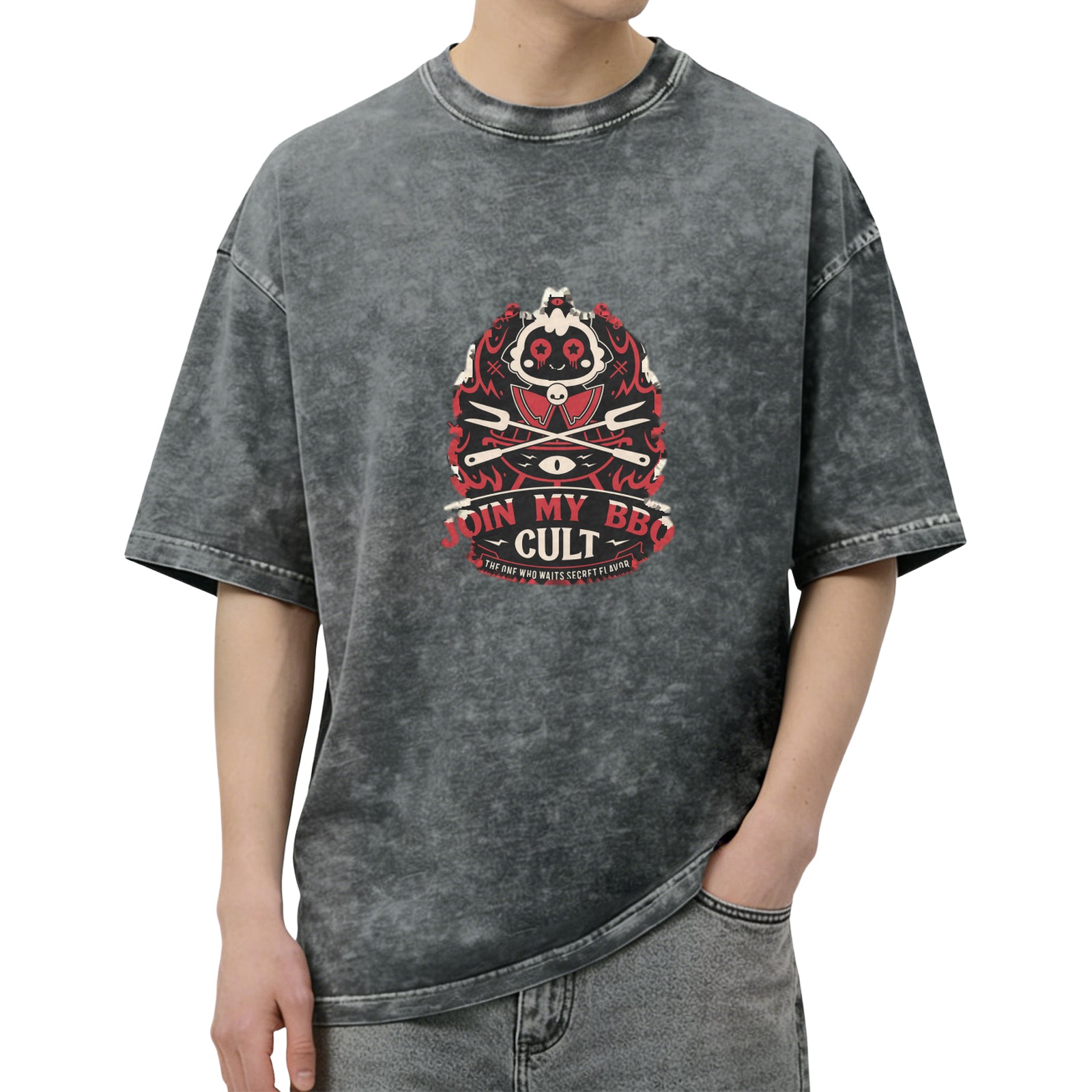 Washed Black Graphic T-Shirt Join My BBQ Cult Design