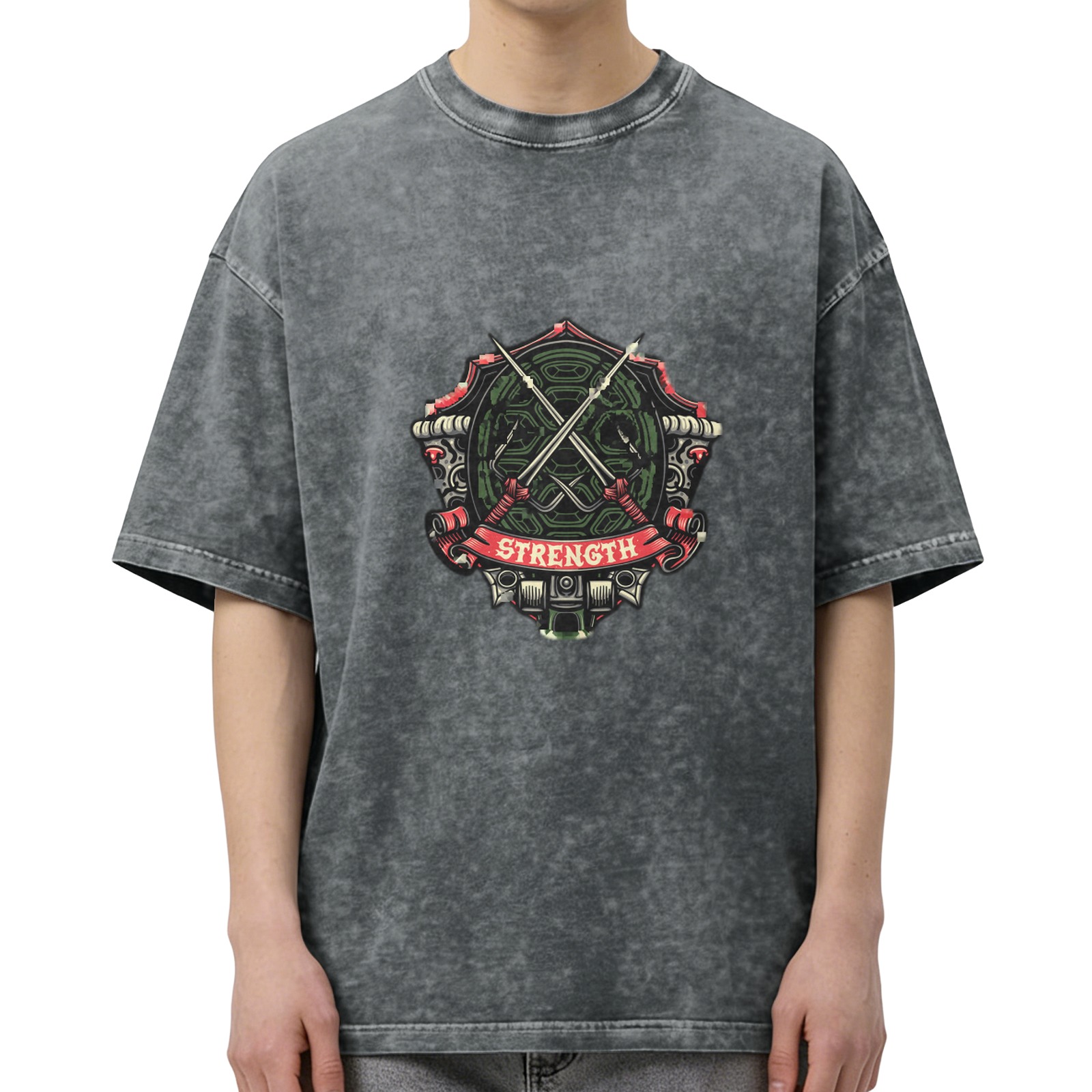 Washed Black Graphic T-Shirt With Strength Crest Design