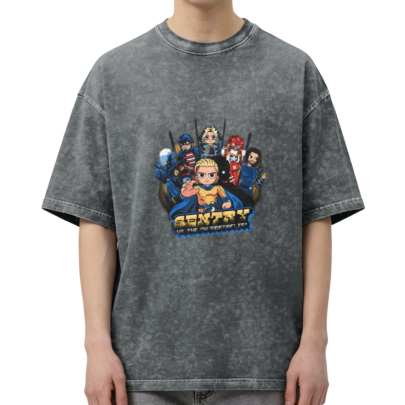 Sentry vs Thunderbolts Chibi Graphic Washed Black Oversized T-Shirt