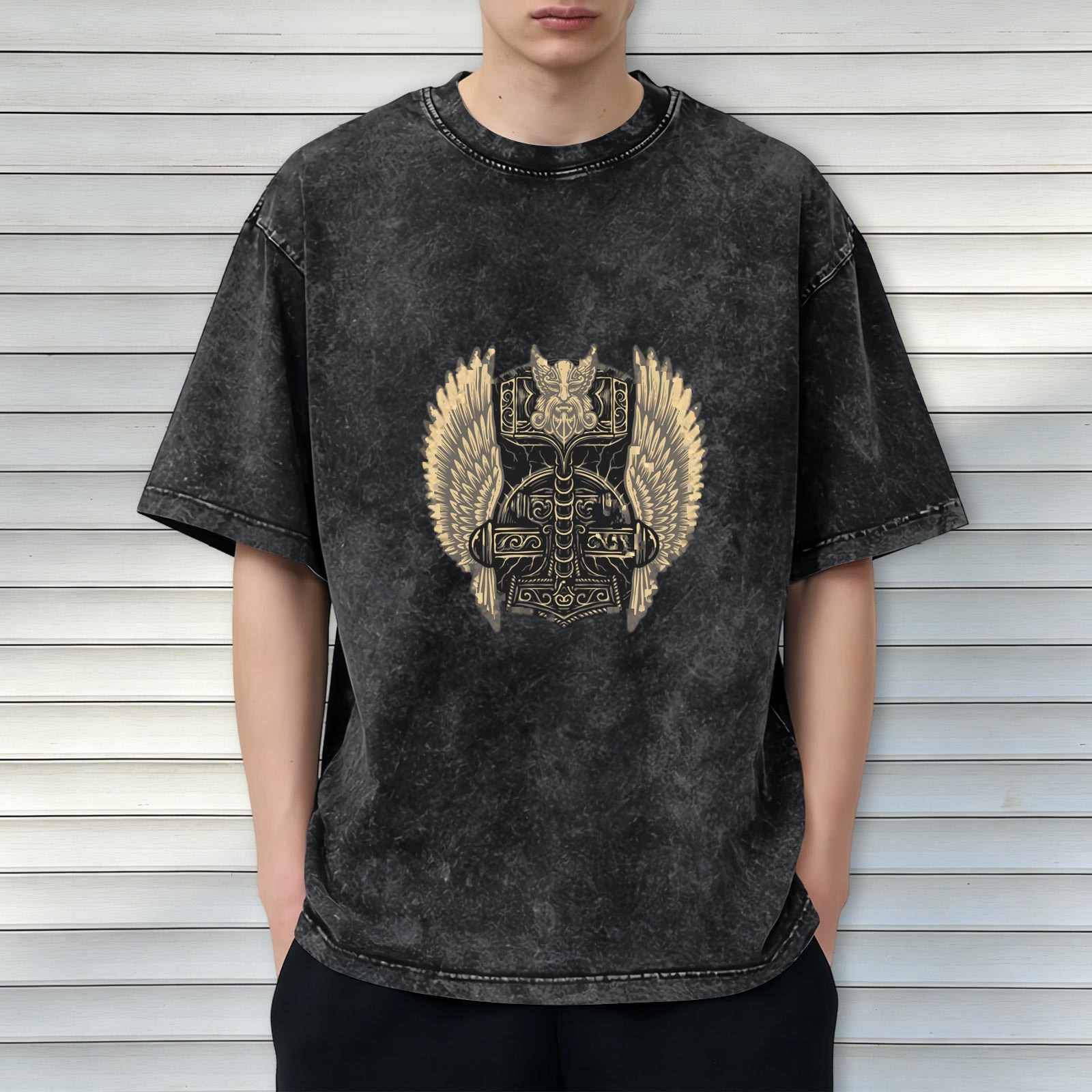 Viking Mjolnir Hammer Graphic Stonewashed Black T-Shirt