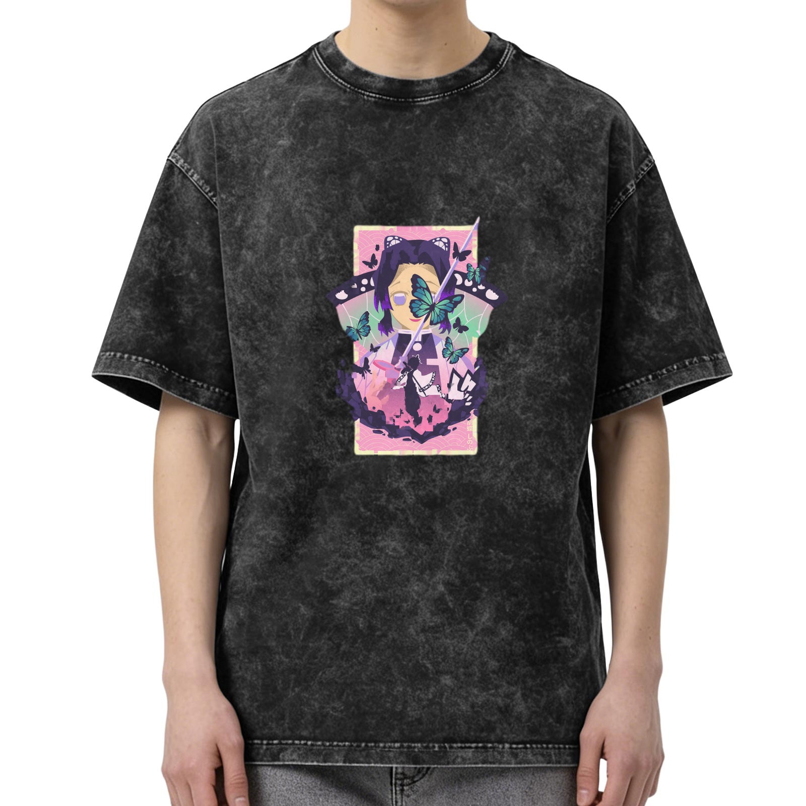 Demon Slayer: Kimetsu no Yaiba Butterfly Ninja themed distressed washed black short-sleeved T-shirt