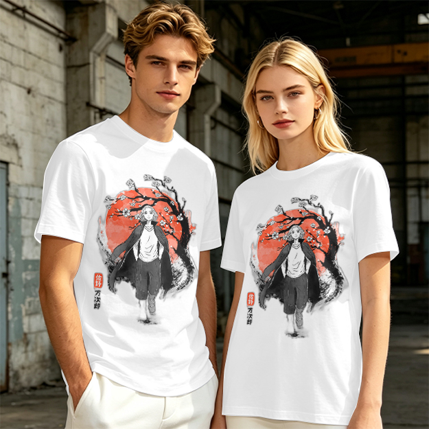 Anime Character with Cherry Blossom Red Moon Graphic T-Shirt