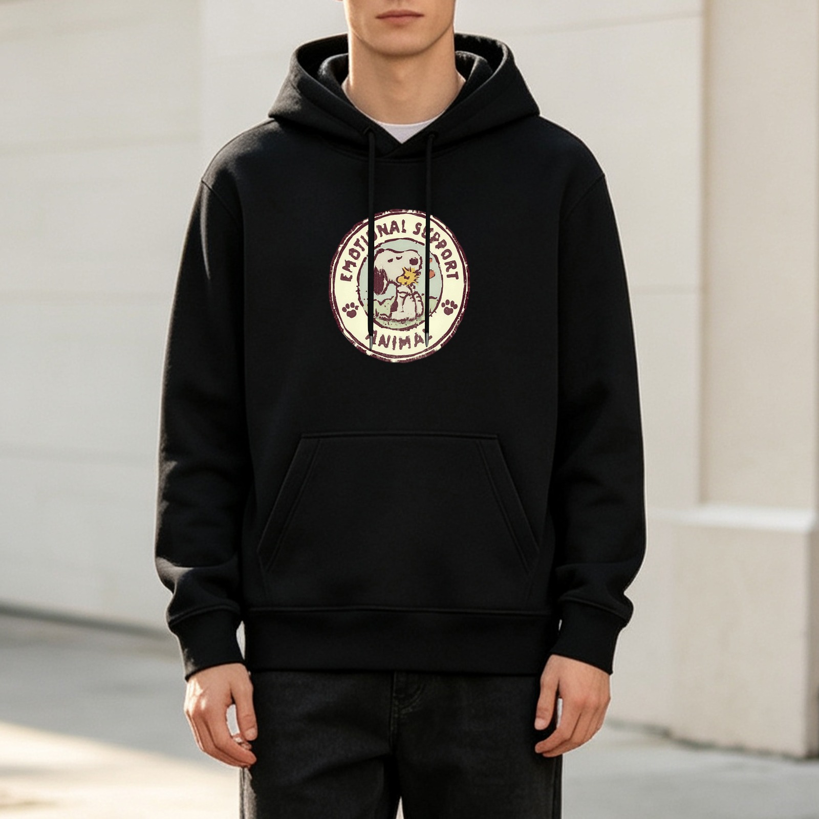 Black hoodie with Snoopy emotional support animal graphic