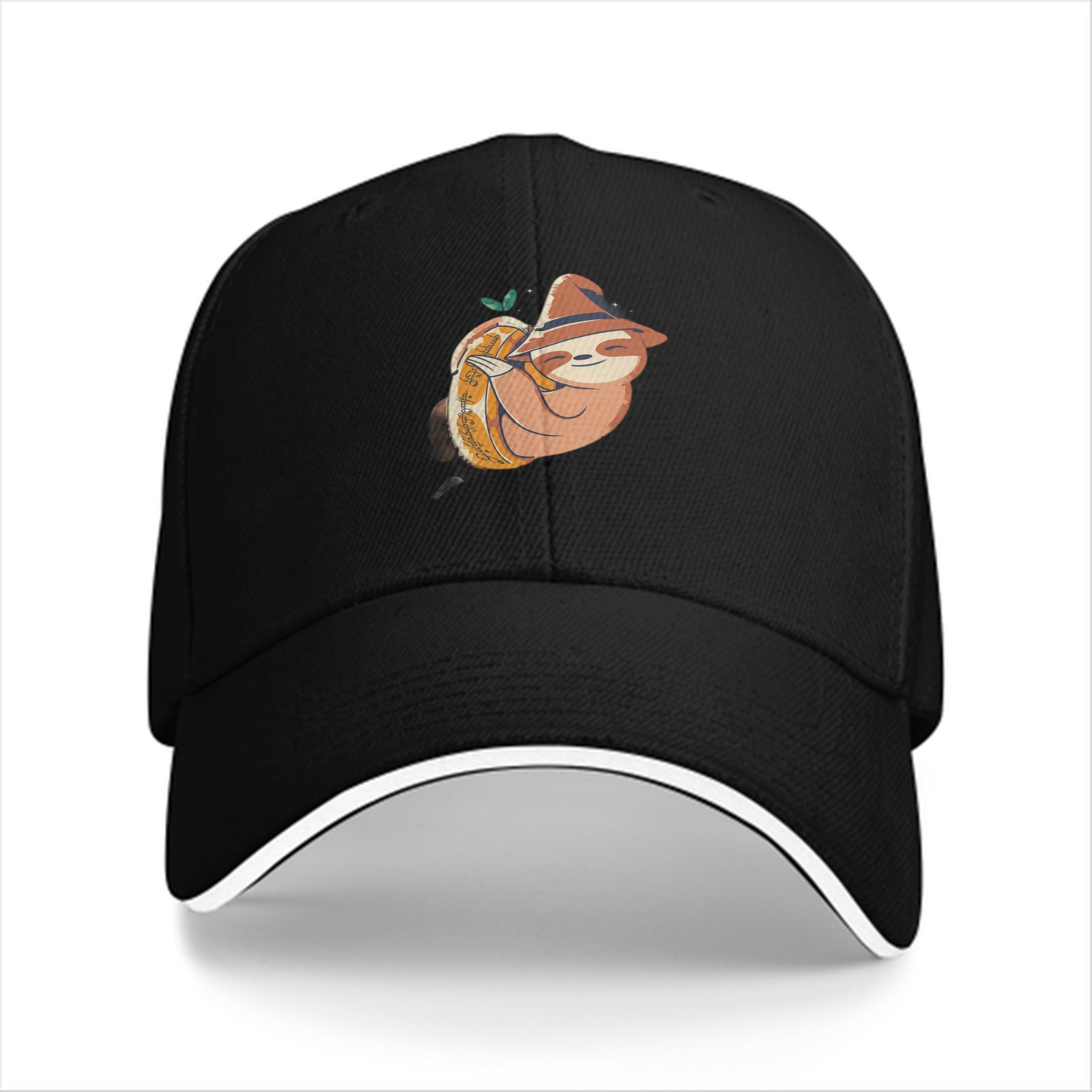 Black Baseball Cap With Cute Sloth Hugging Pumpkin Print