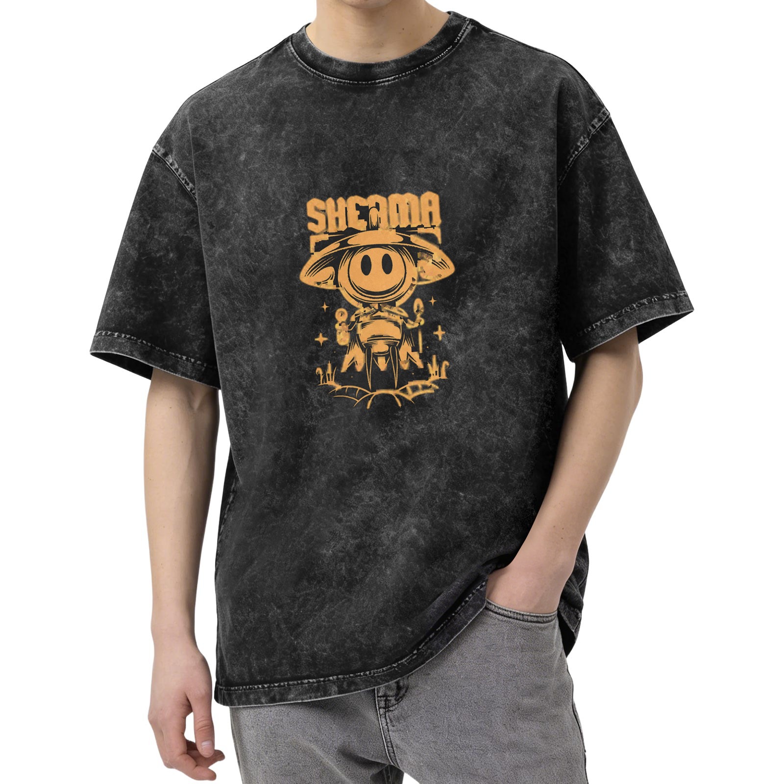 Oversized Acid Wash T-Shirt with UFO Alien Graphic Print