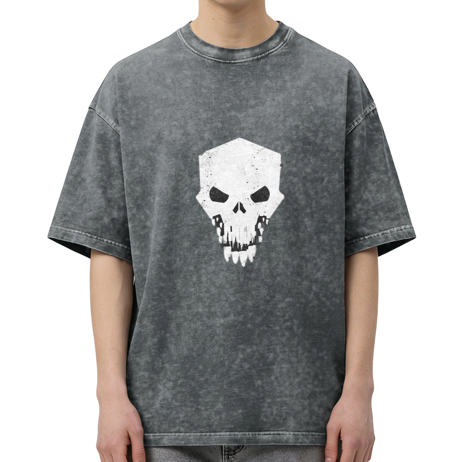 Oversized Acid Wash T-Shirt With Geometric Skull Graphic