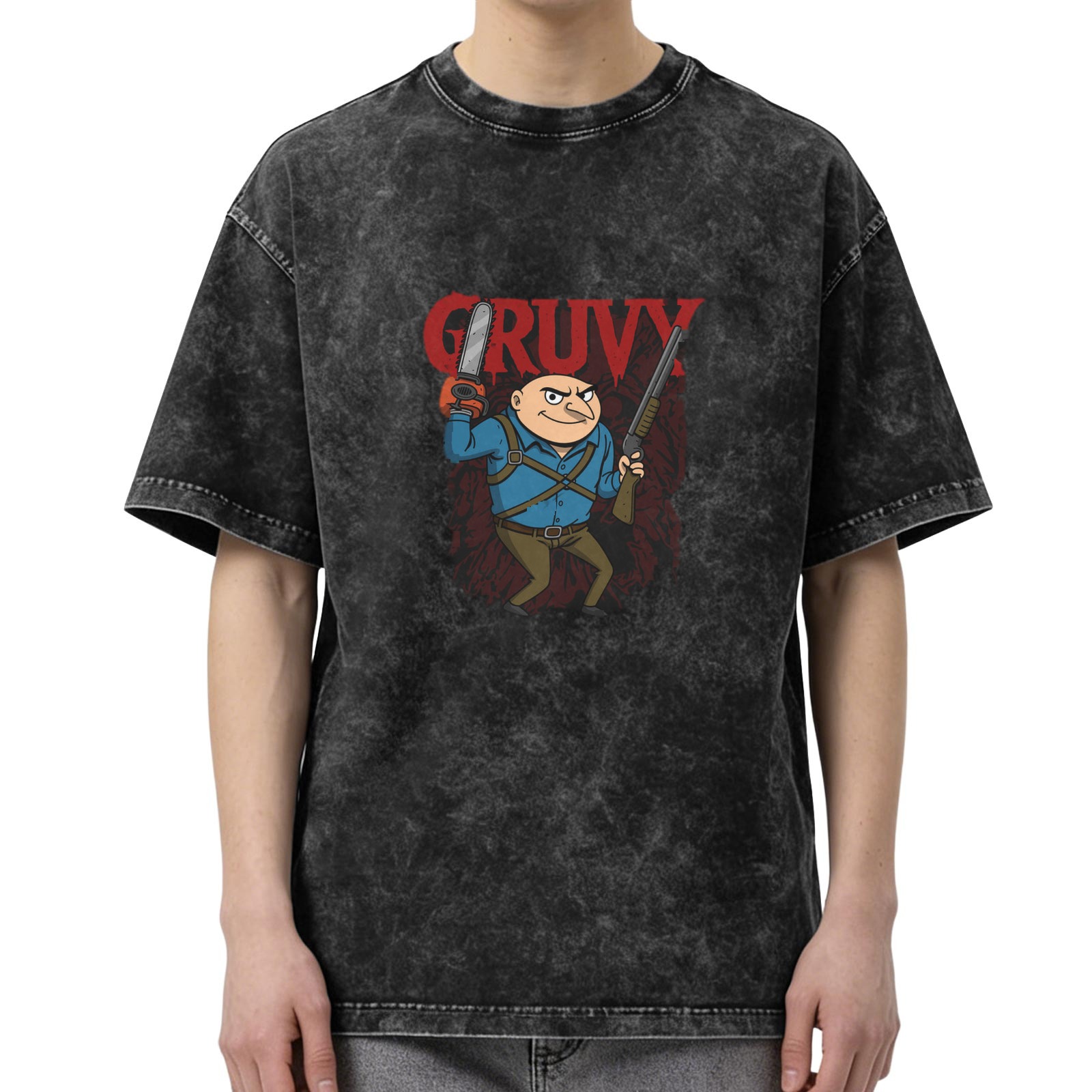 Washed Black T-Shirt With Gruvy Chainsaw Gun Cartoon Print