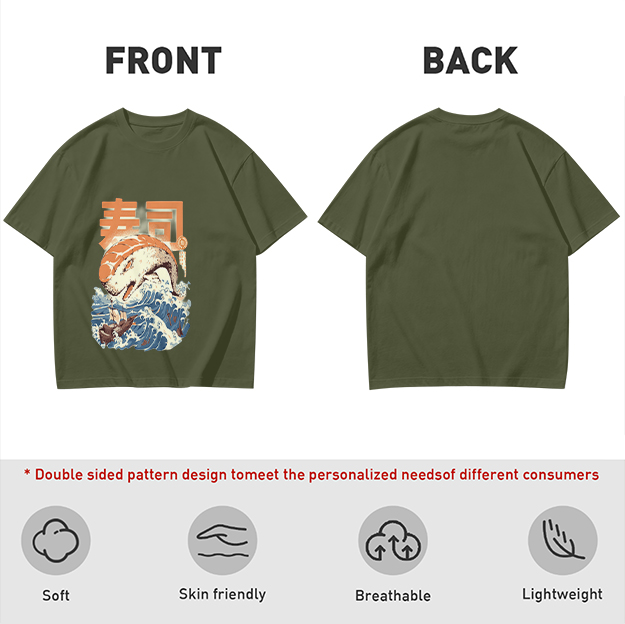 Olive t-shirt with sushi monster and great wave graphic